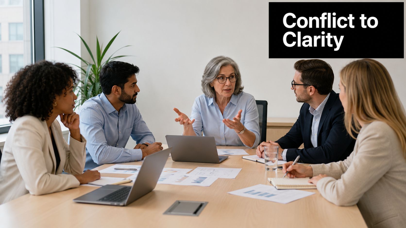 A professional team sitting at a conference table discussing business strategy during an office meeting.
