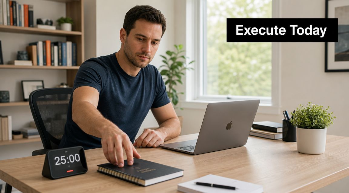 A focused man working at his desk with a laptop, a planner, and a timer.