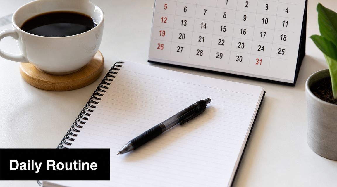 A cup of coffee, a notebook with a pen, and a desk calendar on a white table.