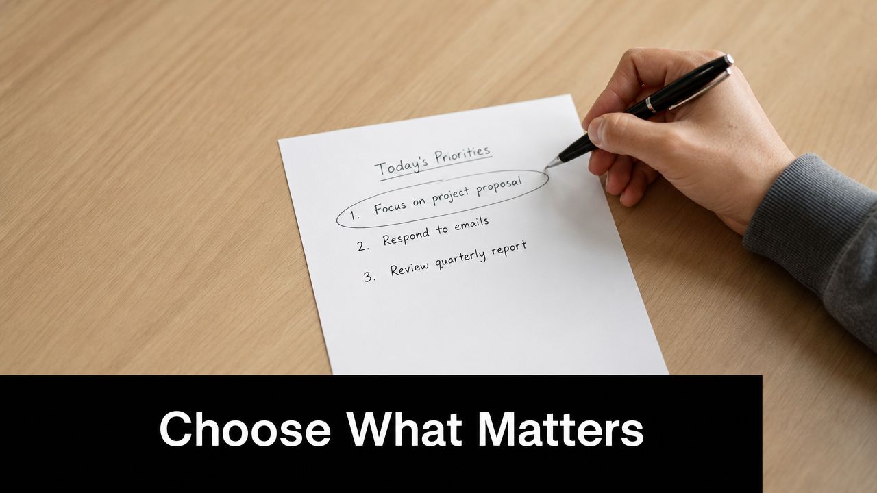 A person writing a prioritized to-do list on a white piece of paper on a desk.