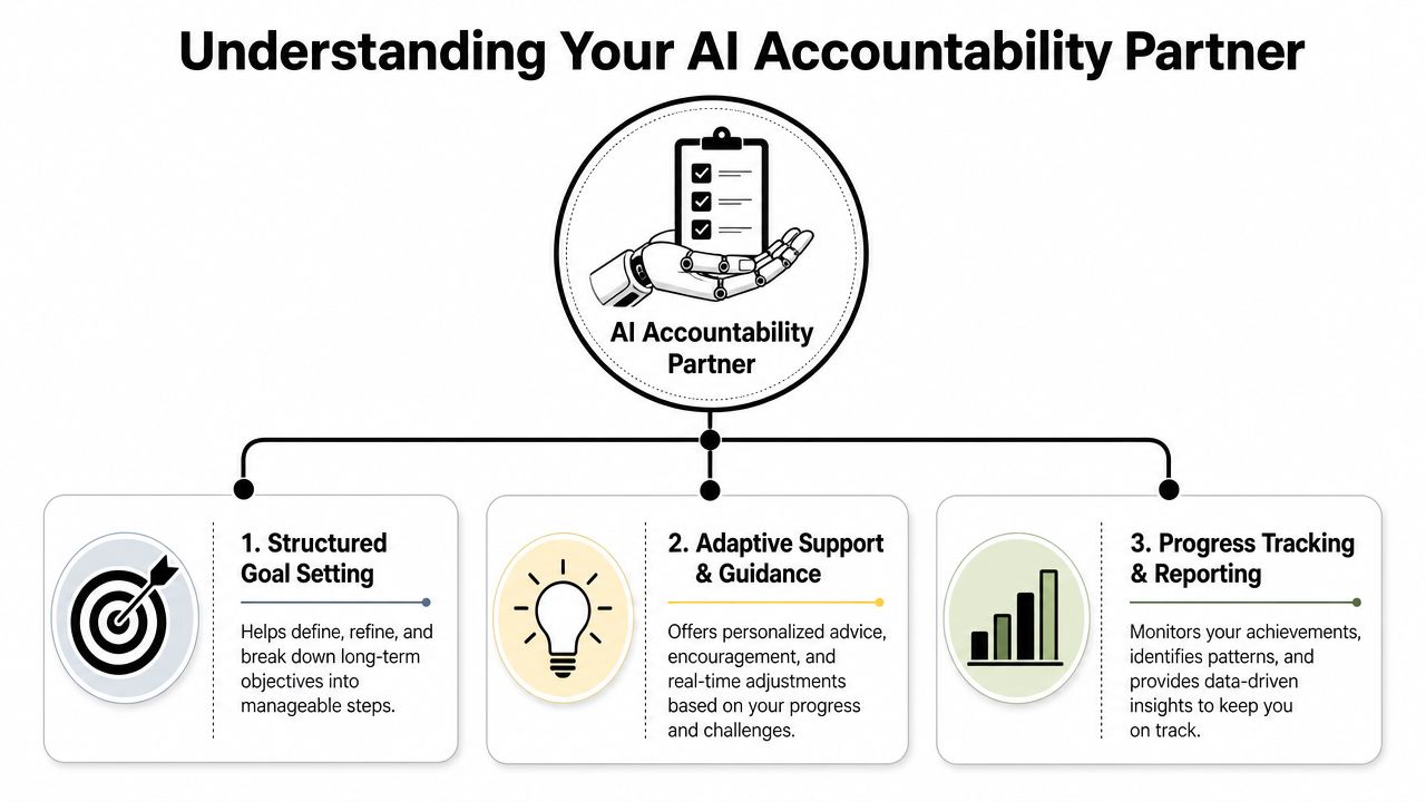 A diagram illustrating the three key functions of an AI accountability partner: goal setting, support, and tracking.