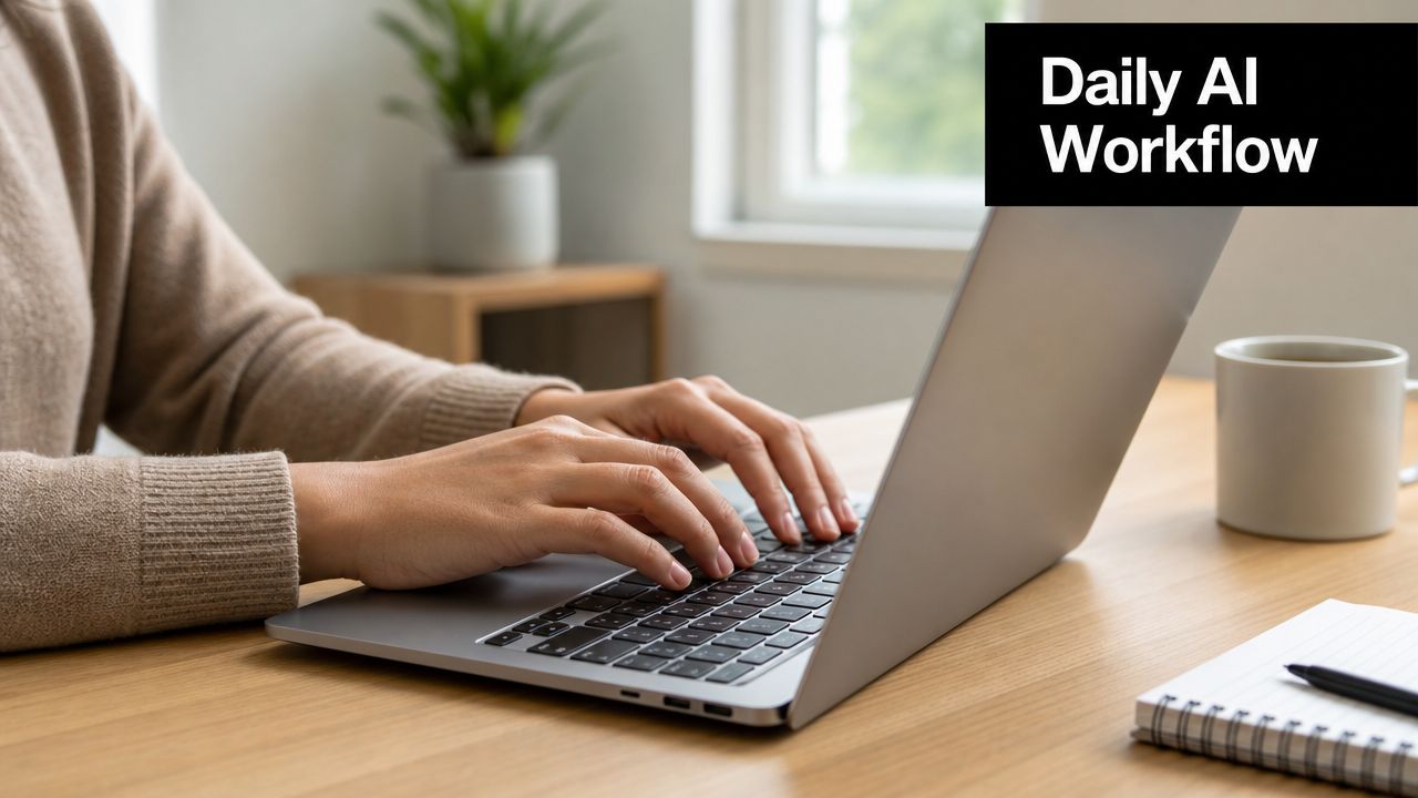 A person wearing a beige sweater typing on a silver laptop at a wooden desk.