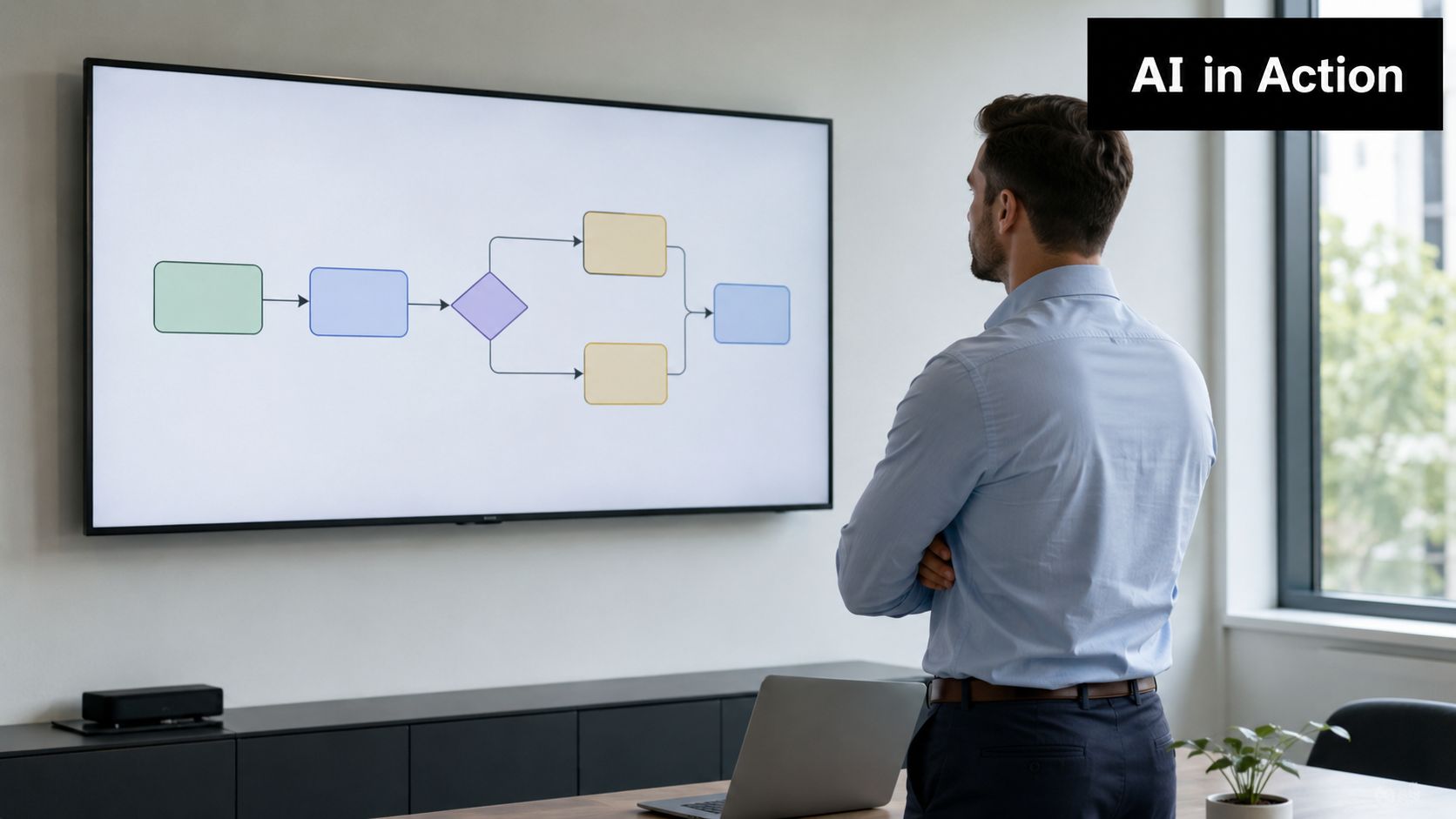 A professional man standing in an office looking at a flowchart diagram on a large screen display.