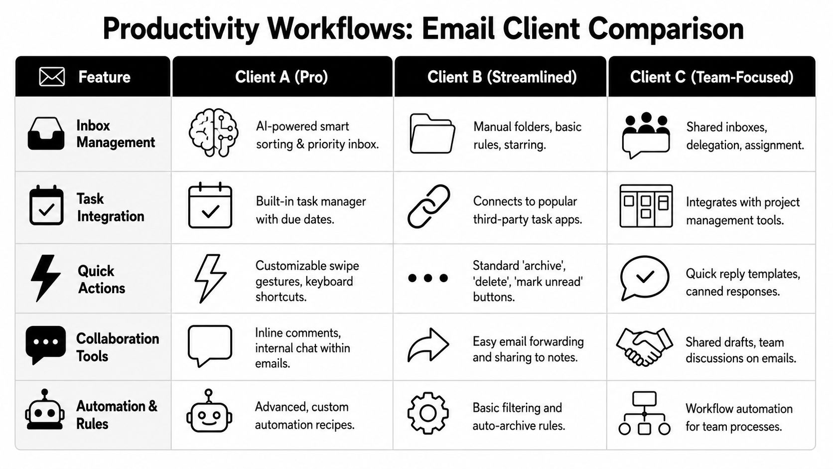 A comparison chart outlining the key features of three different email productivity clients for professional workflows.
