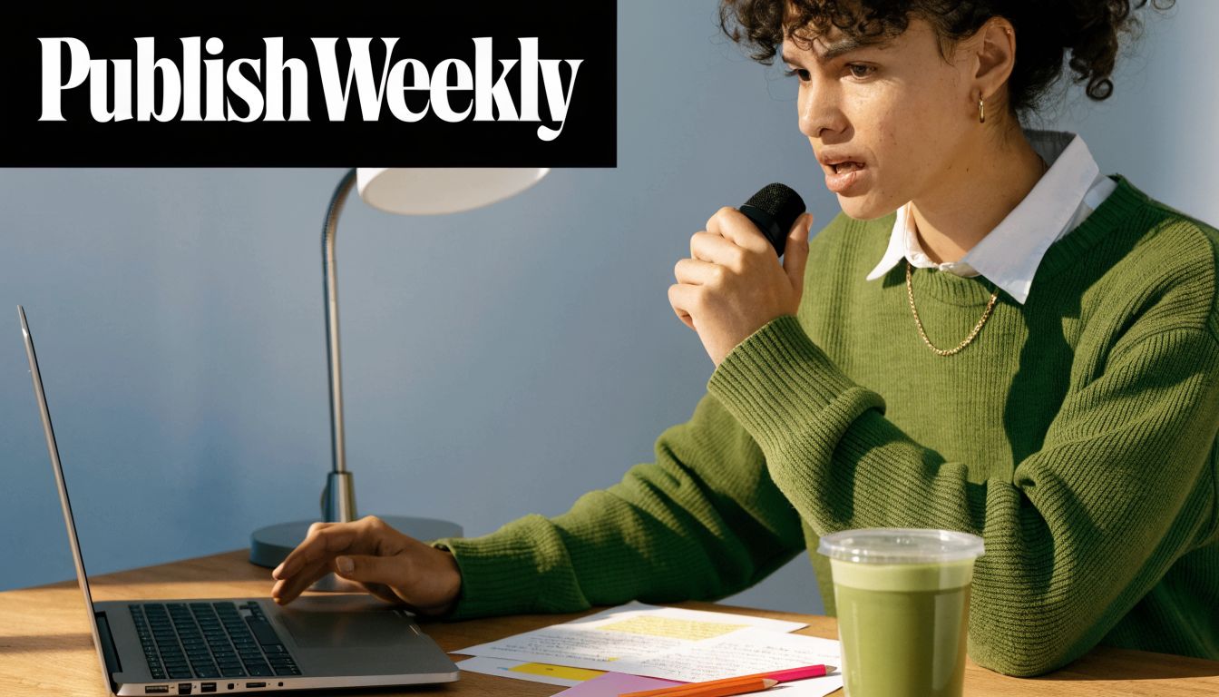 A person in a green sweater recording a podcast using a microphone while sitting at a desk.