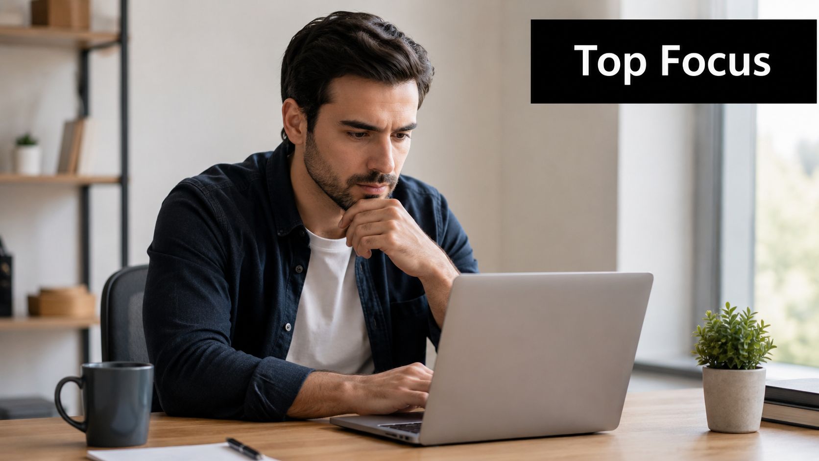 A focused man sitting at a desk and working on his laptop in a bright office environment.