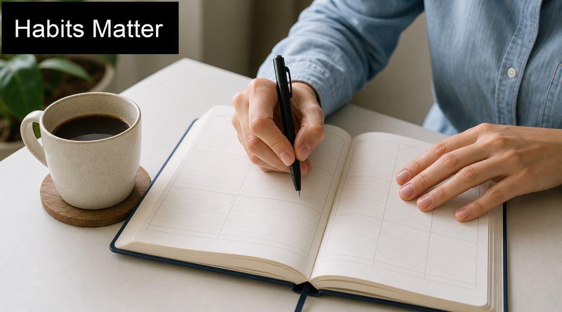 A person writing in a blank open planner next to a ceramic cup of black coffee.