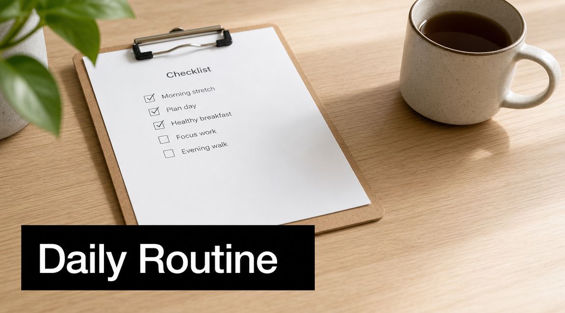 A clipboard with a daily routine checklist placed on a wooden desk next to a coffee mug.