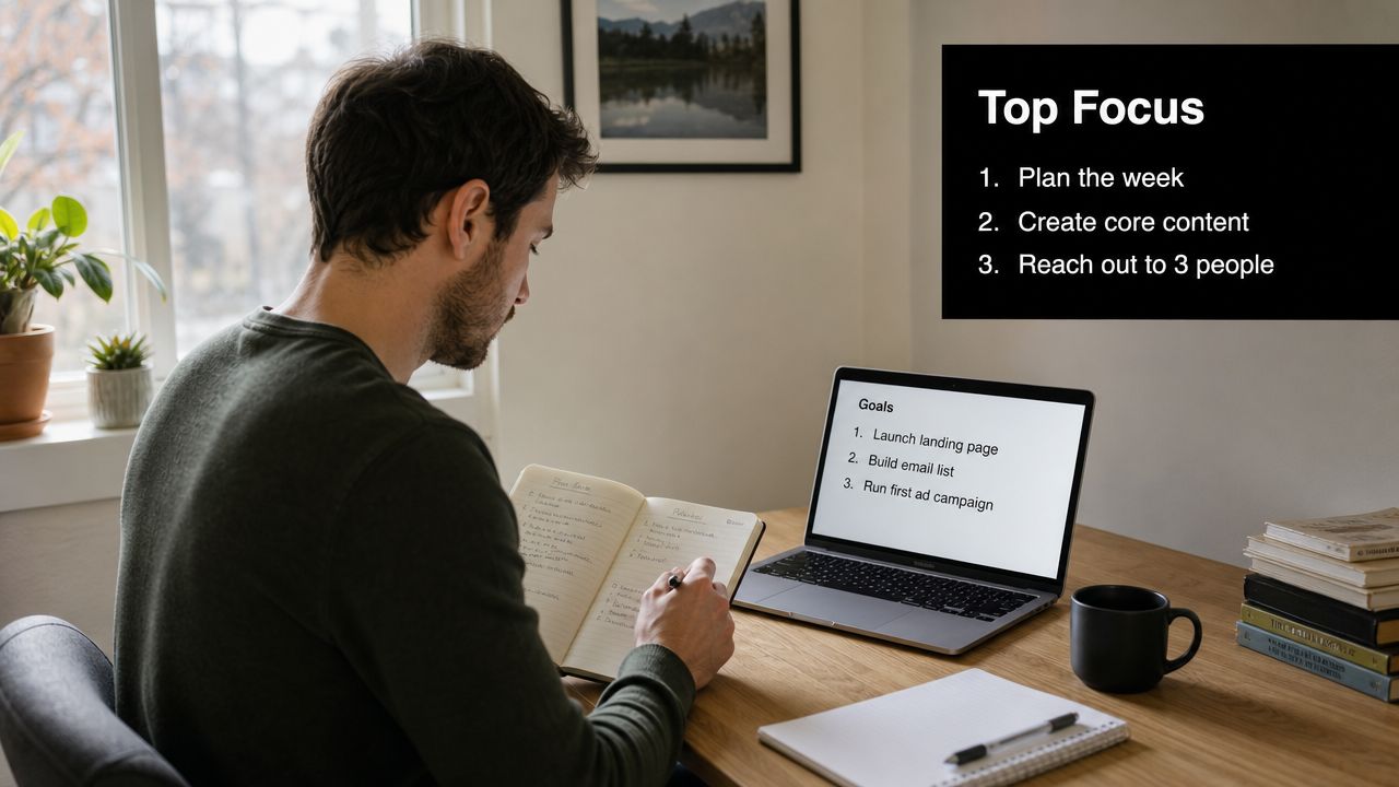 A man working at his desk, planning his weekly tasks and business goals in a notebook.
