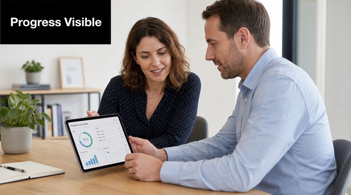 A professional man and woman discussing project progress on a digital tablet at a wooden desk.