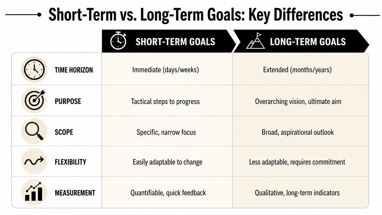 A comparison chart outlining the key differences between short-term goals and long-term goals for effective planning.