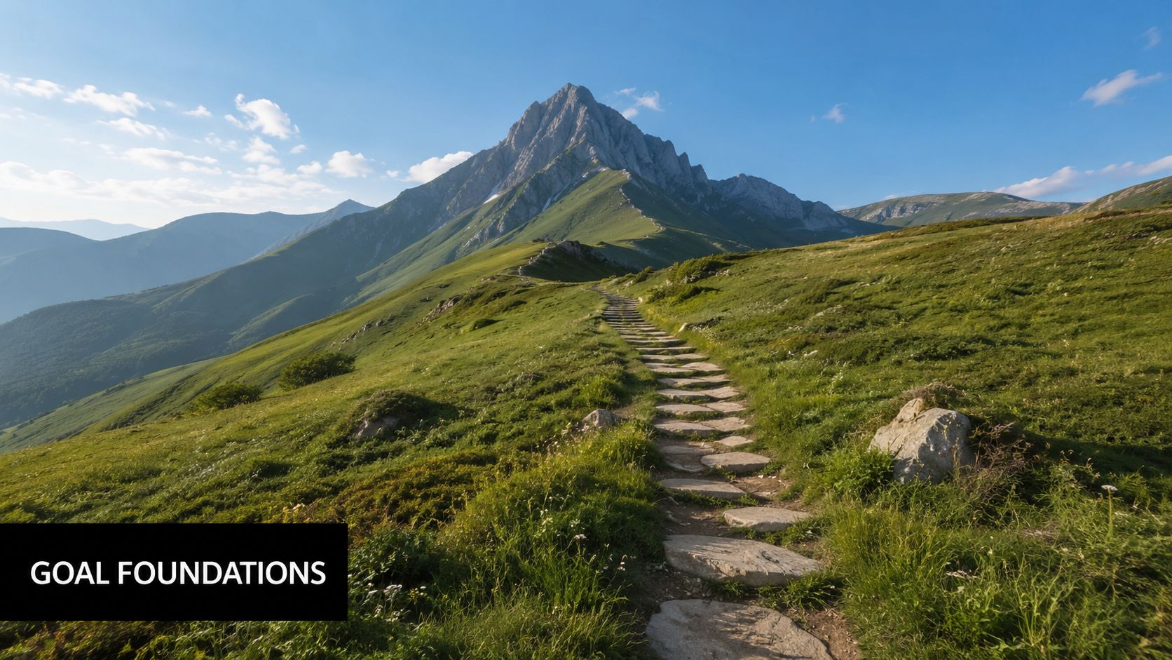 A scenic stone hiking trail leading toward a majestic mountain peak under a clear blue sky.
