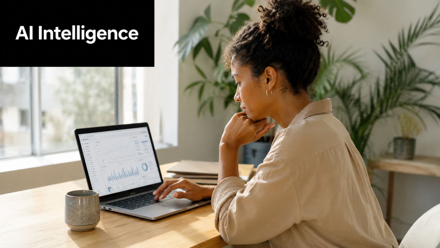 A professional woman working on a laptop with data analytics charts displayed on the screen.