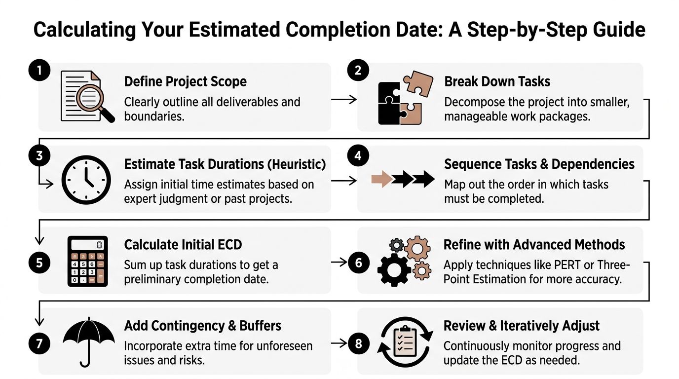 An infographic showing eight steps for calculating an estimated project completion date in a professional workflow.