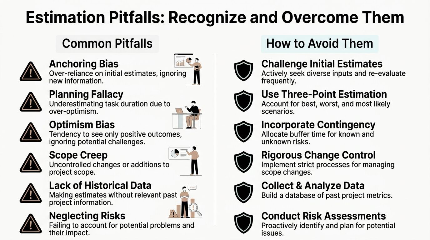 A visual guide listing common estimation pitfalls in project management and how to effectively overcome them.