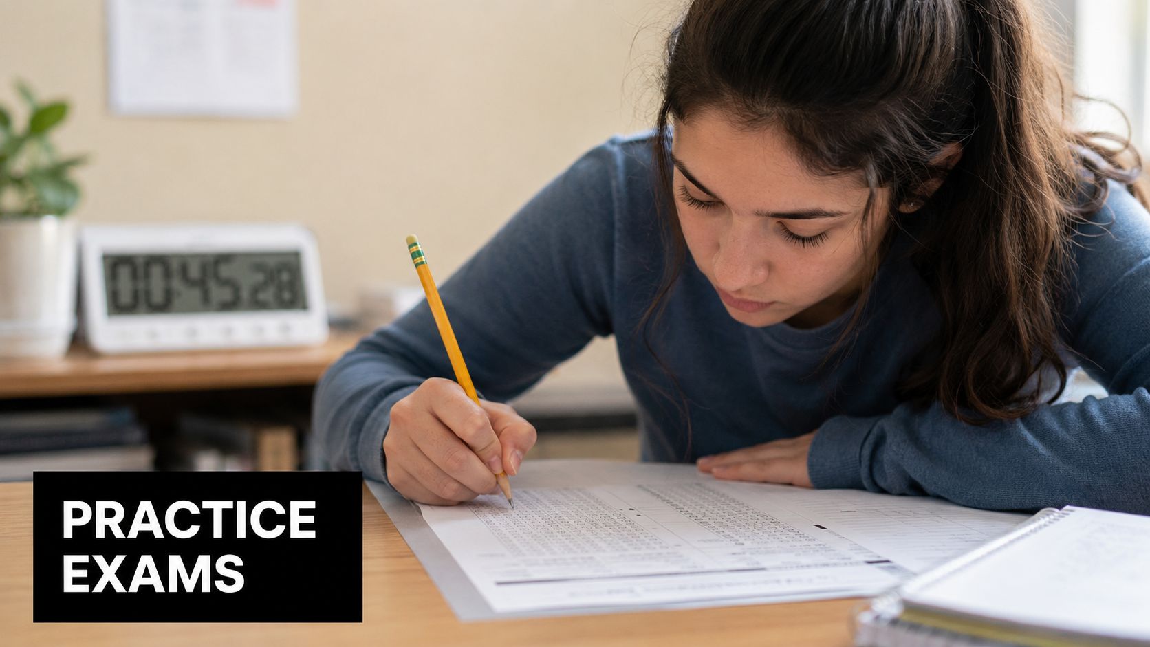 A focused student taking a practice exam with a timer visible on the desk.