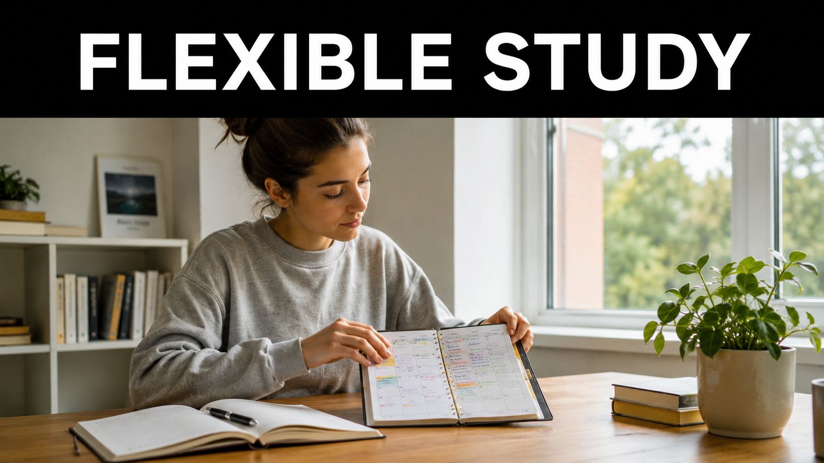 A young woman sitting at a desk with a planner and open textbook, preparing for her studies.