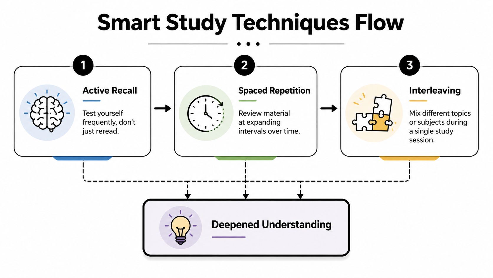 An infographic titled Smart Study Techniques Flow illustrating active recall, spaced repetition, and interleaving for deep learning.