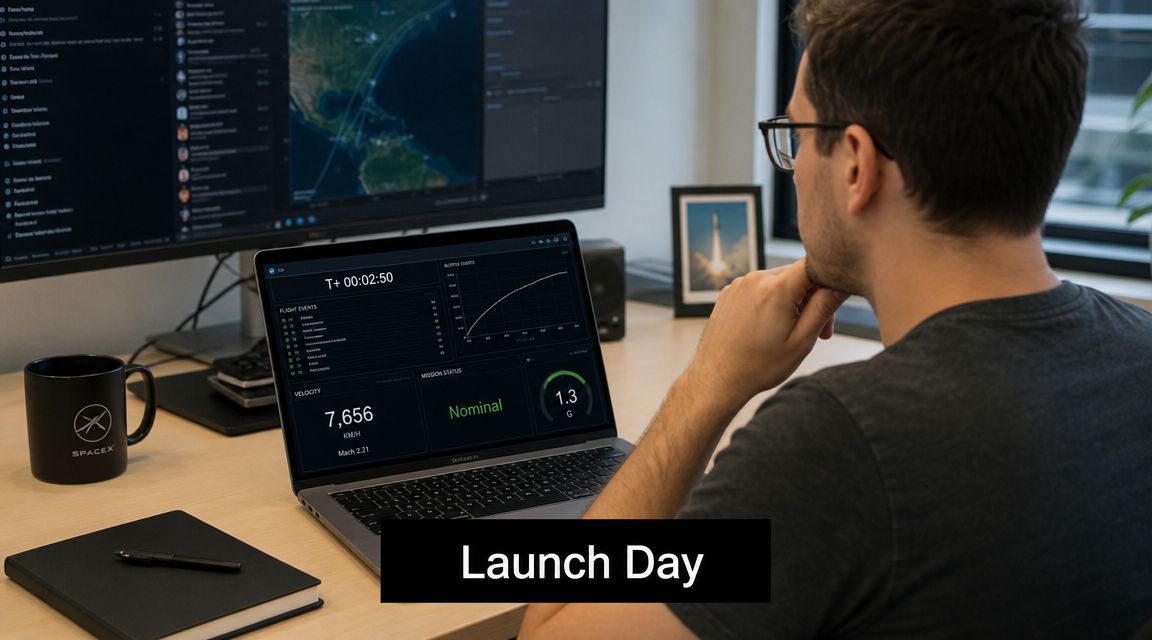A male engineer watches a SpaceX launch dashboard on his laptop while monitoring mission critical data.