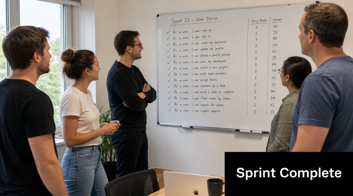 A team of professionals collaborating in an office while reviewing completed tasks on a whiteboard.