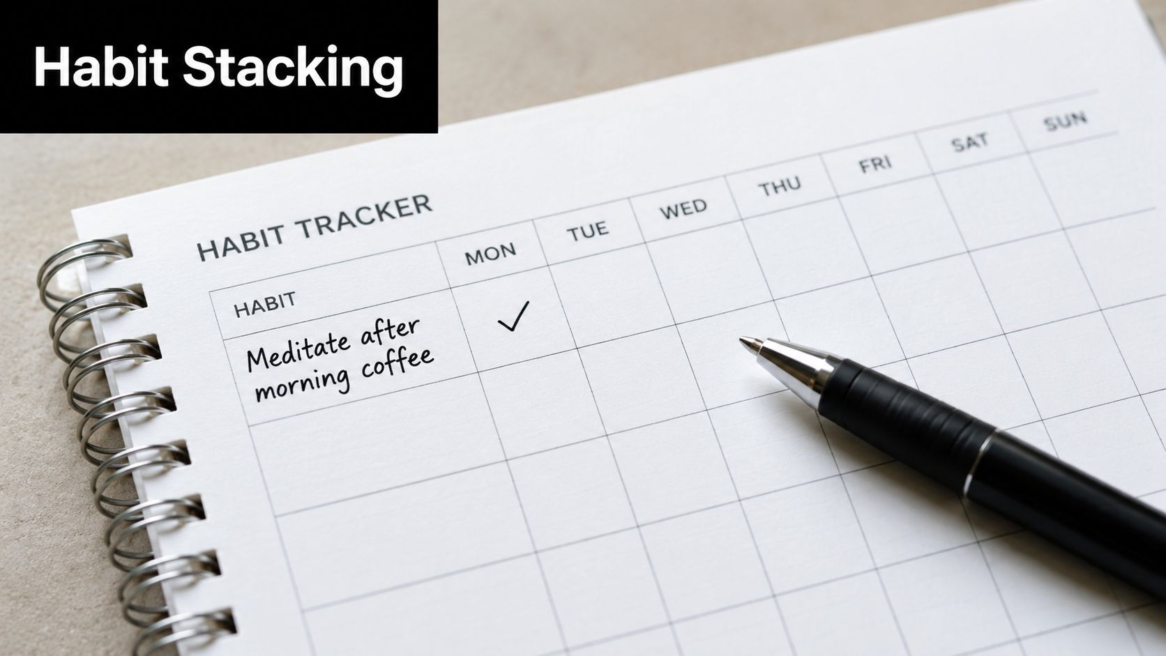 A habit tracker notebook with a pen, featuring the handwritten habit of meditating after morning coffee.