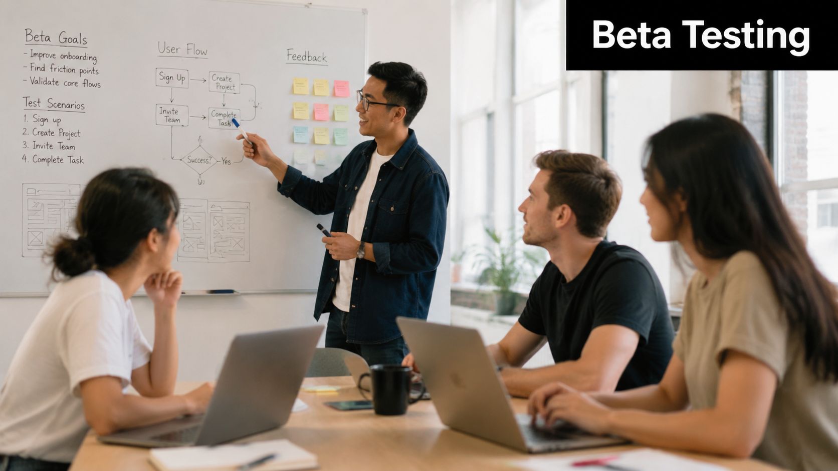 A professional team collaborating on a beta testing project in a modern office meeting room.