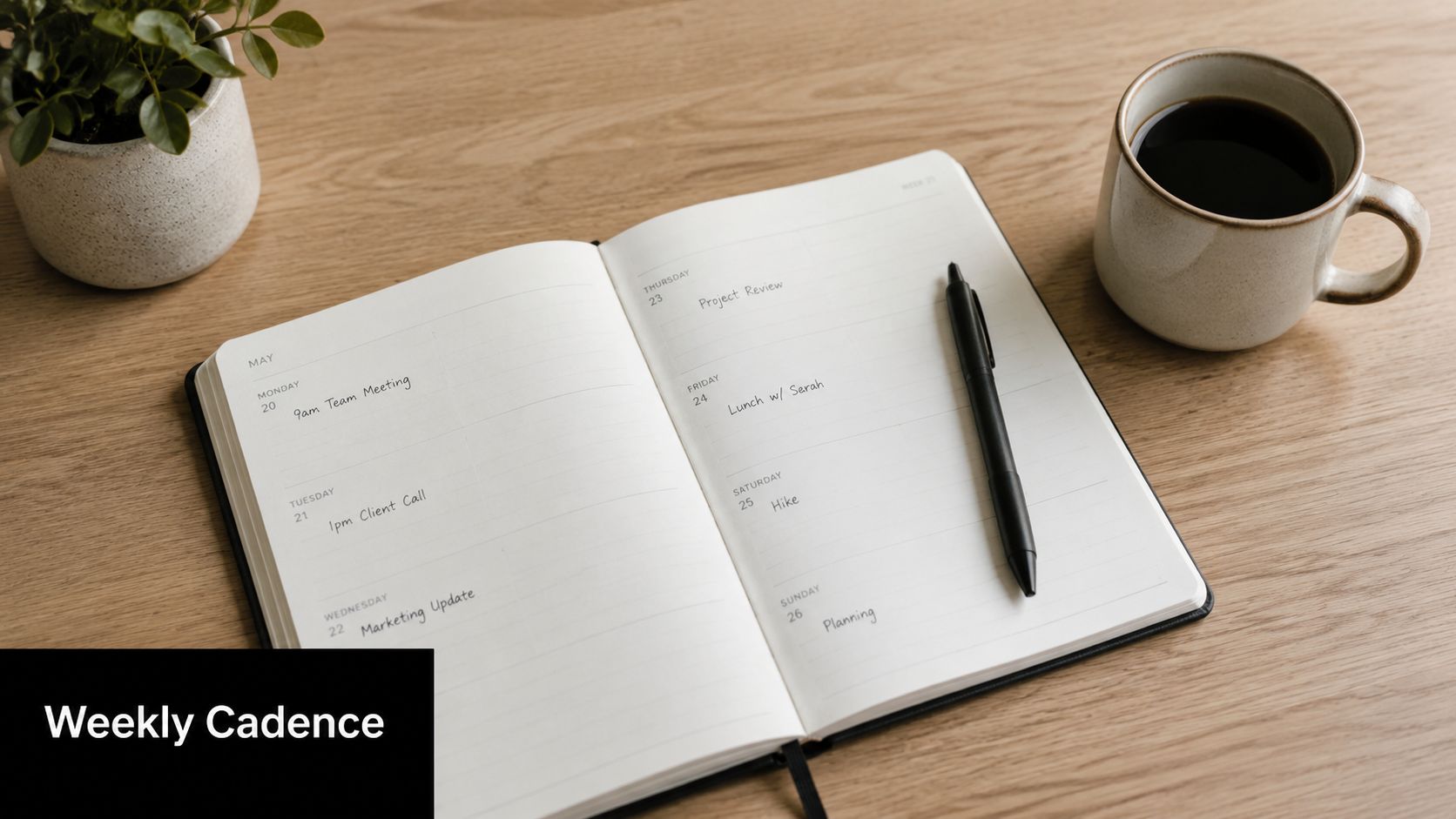 An open planner on a wooden desk with a coffee mug and plant, showing weekly appointments.
