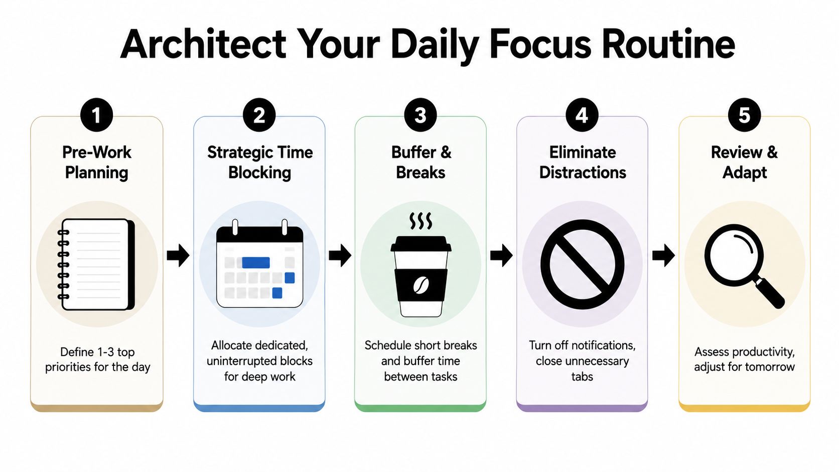 An infographic titled Architect Your Daily Focus Routine showing five steps for better productivity and workflow management.
