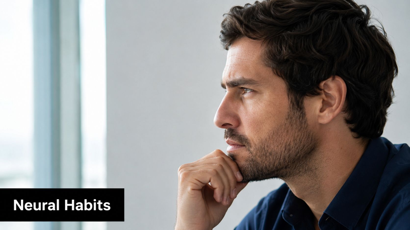 A thoughtful man with dark hair resting his chin on his hand while looking off into distance.