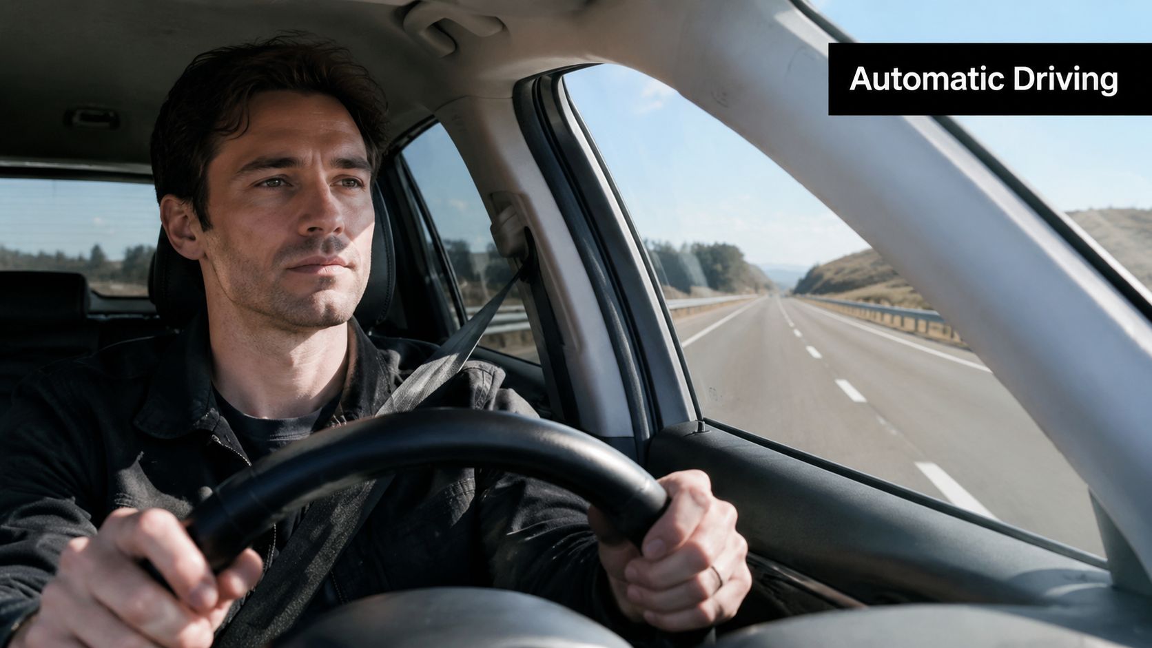 A man driving a car on an open highway while looking forward during a bright sunny day.