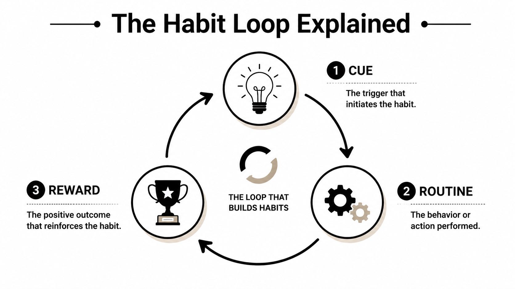 A circular diagram illustrating the three steps of the habit loop: Cue, Routine, and Reward.