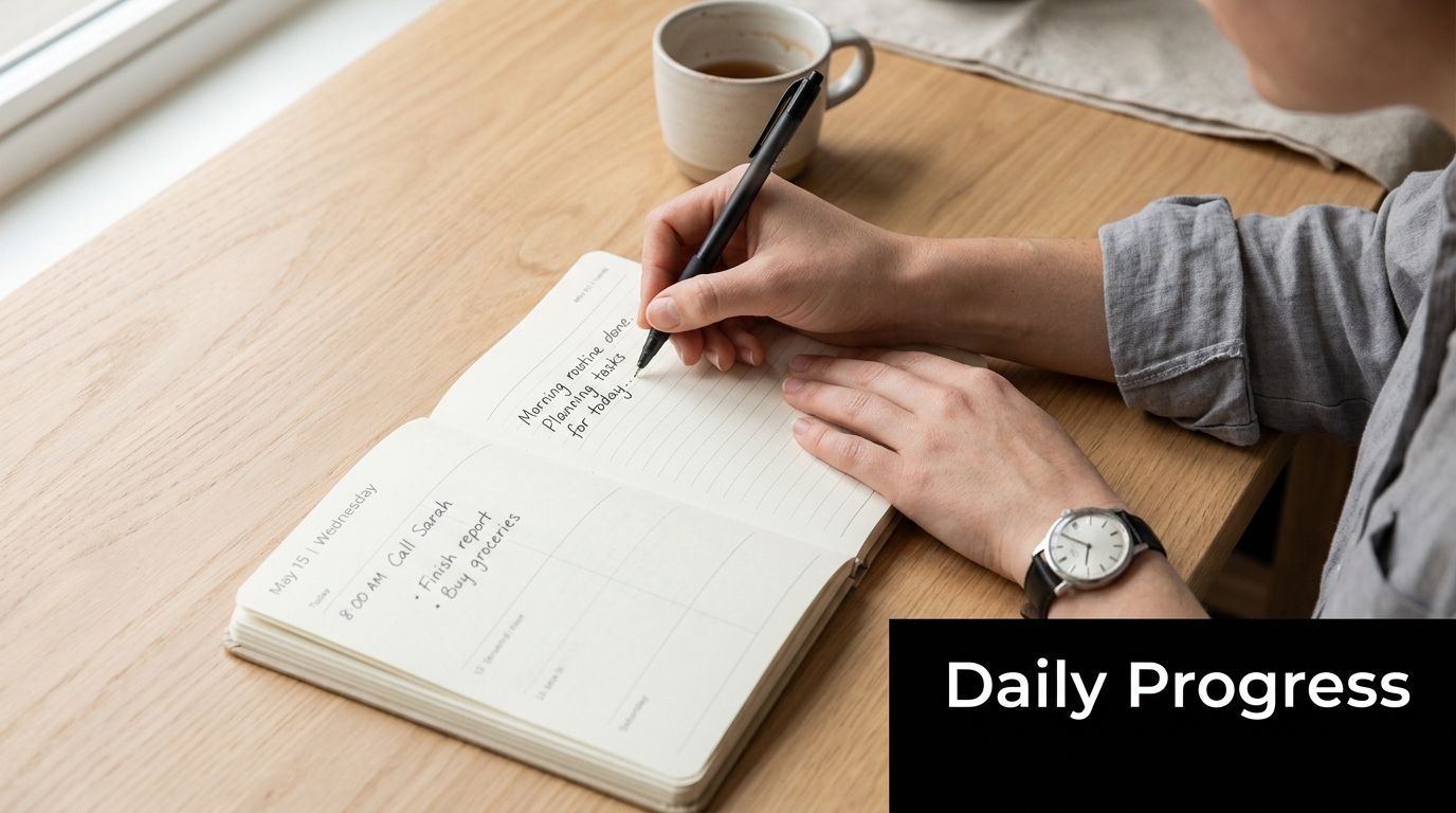 A person writing a daily to-do list in a planner on a wooden desk near a coffee cup.