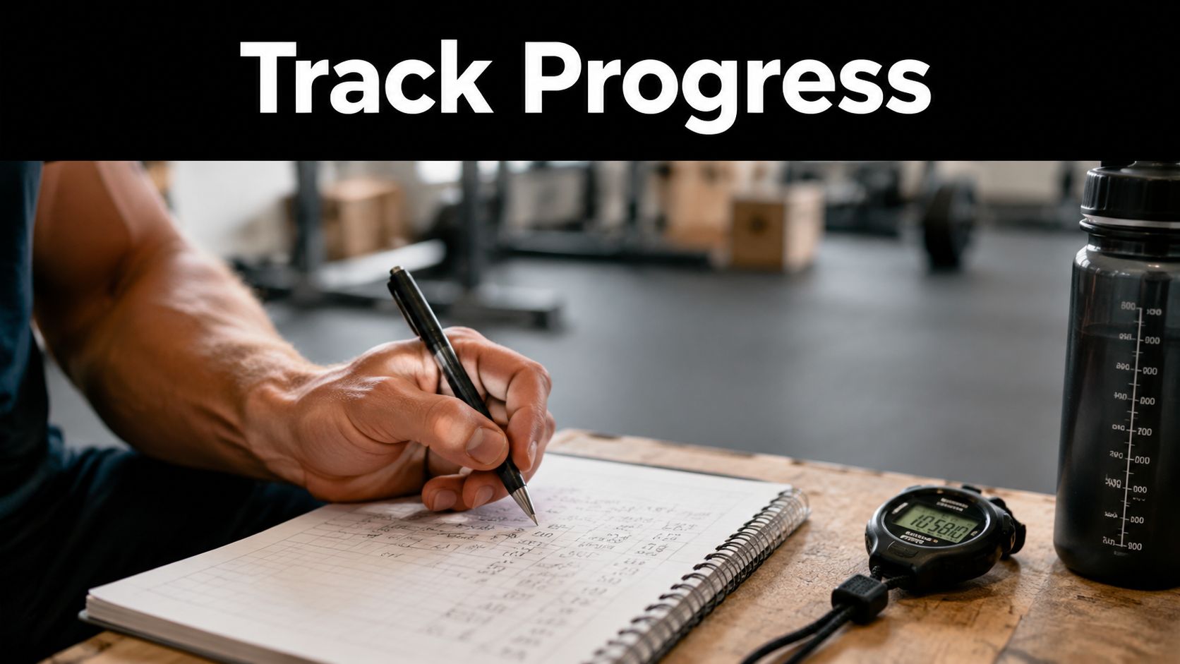 A fit athlete writing workout statistics in a notebook with a stopwatch and water bottle nearby.