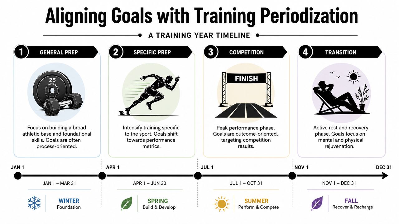 A timeline graphic illustrating the four phases of athletic training periodization throughout a calendar year.