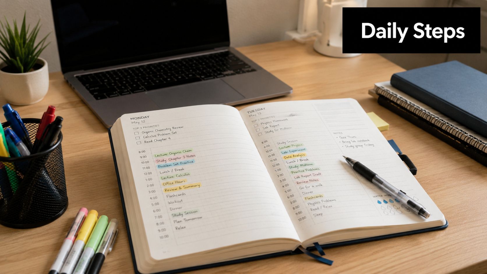 A student's open planner on a wooden desk with a laptop and pens, organized for daily tasks.