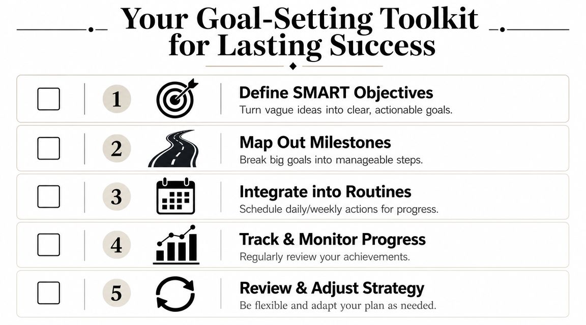 A five-step infographic titled Your Goal-Setting Toolkit for Lasting Success with icons and descriptions.