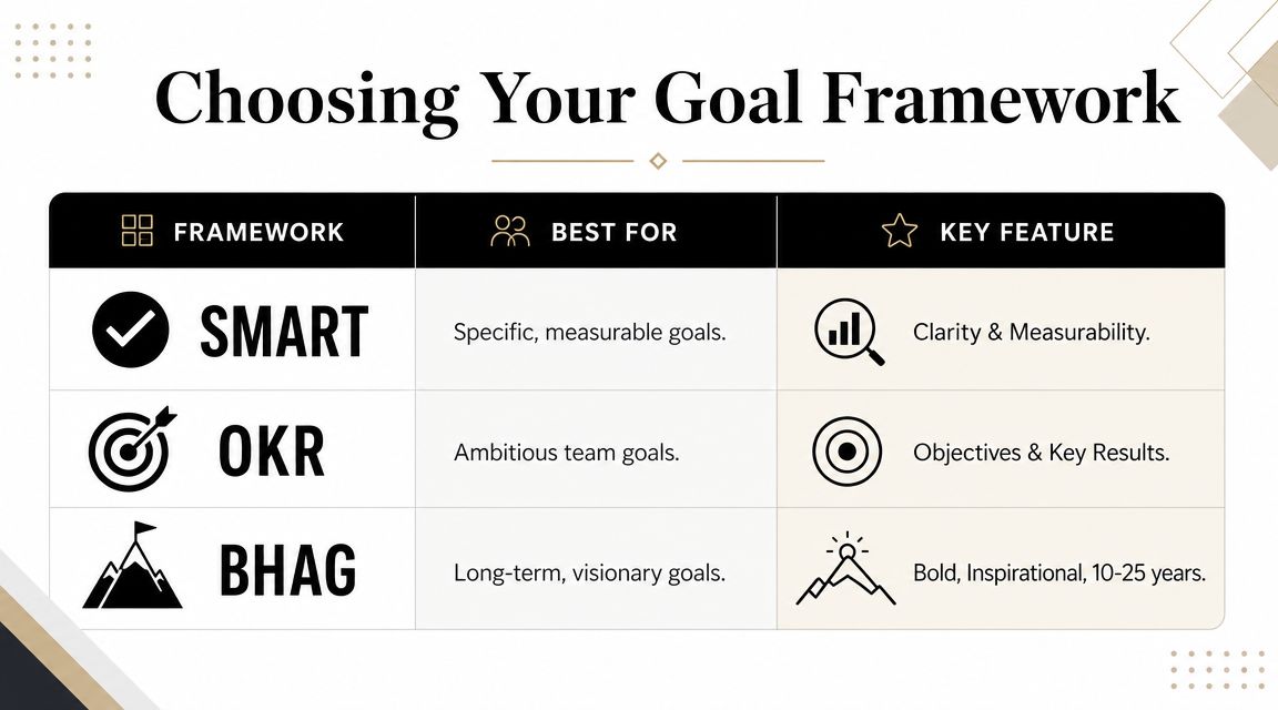 A comparison table outlining the key differences between SMART, OKR, and BHAG goal setting frameworks.