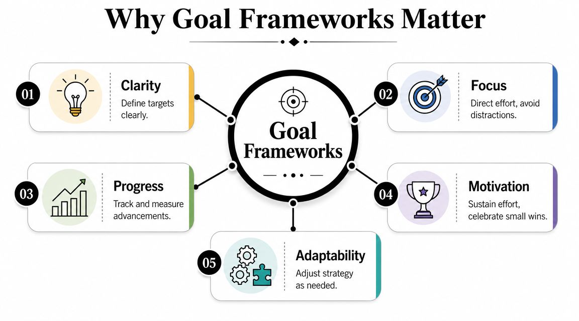 A diagram illustrating why goal frameworks matter, featuring five key benefits displayed in connected nodes.