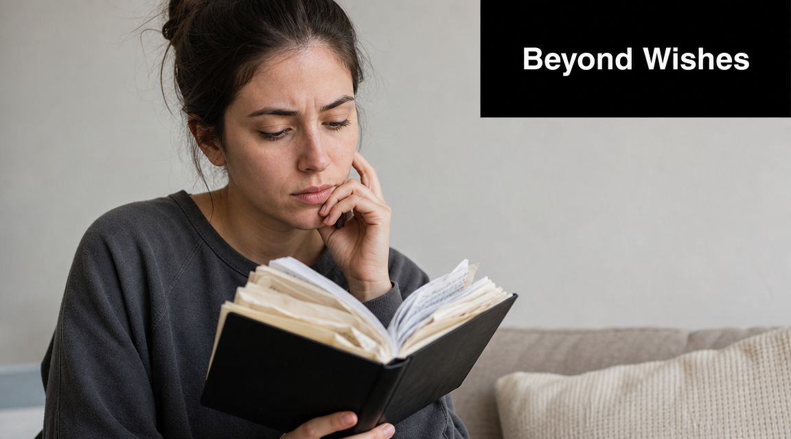 A woman looks deep in thought while reading a notebook at home, representing goal setting reflection.