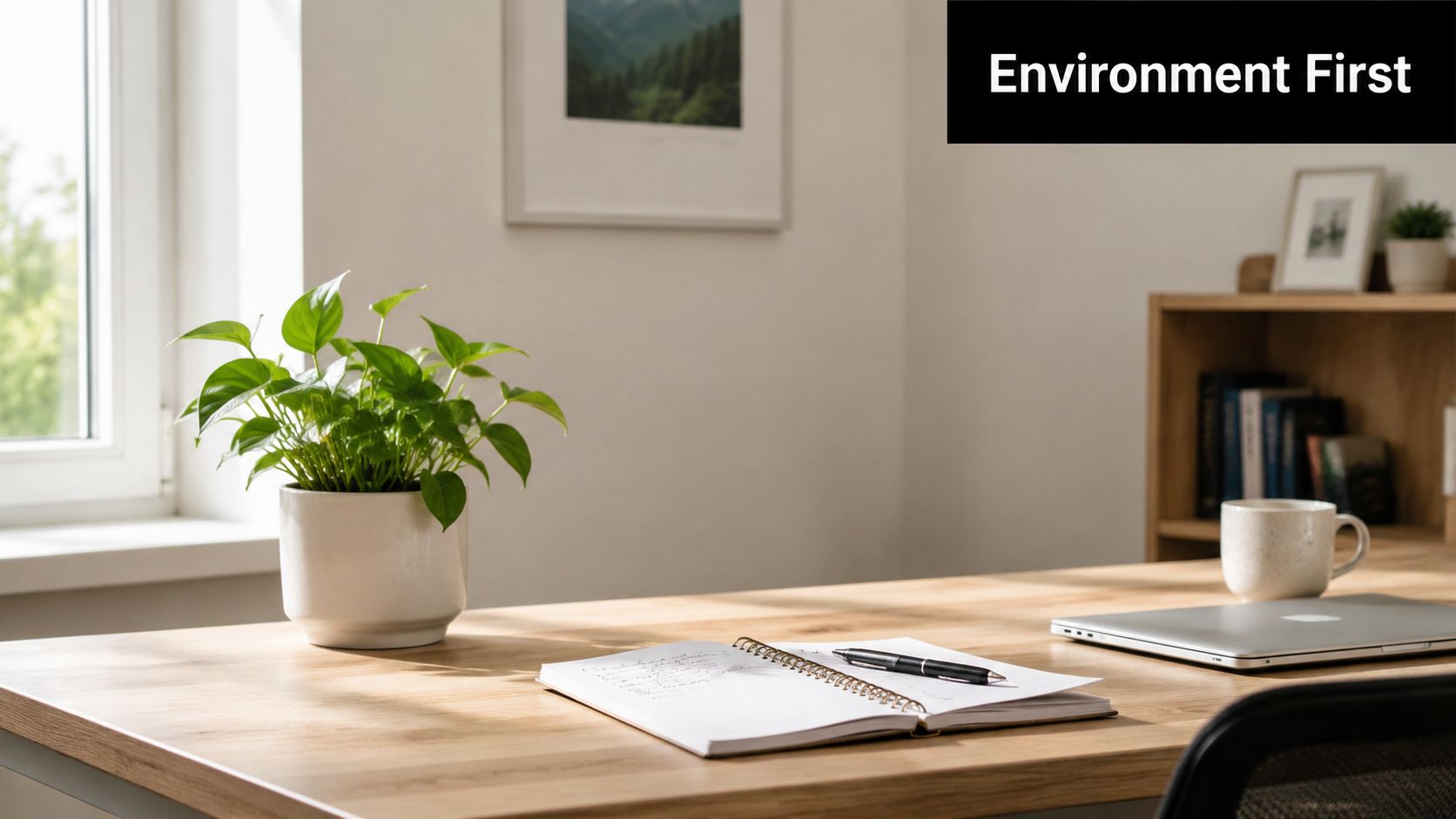 A clean, minimalist home office desk featuring a potted plant, a notebook with a pen, and a laptop.