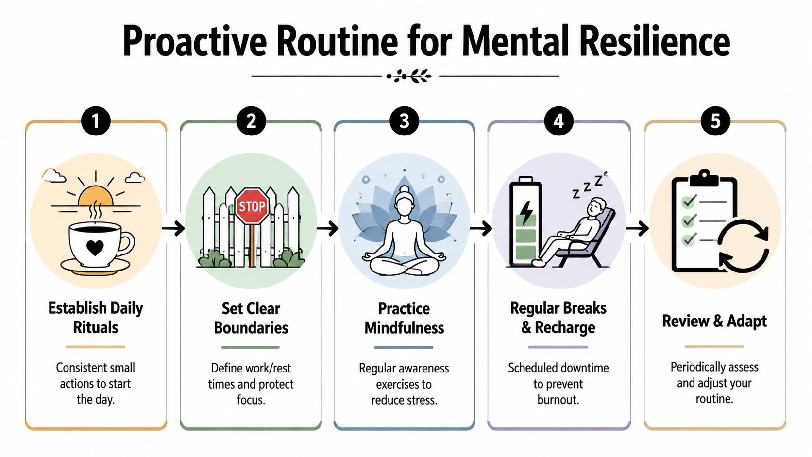 A five-step infographic titled Proactive Routine for Mental Resilience illustrating habits for improved mental health.