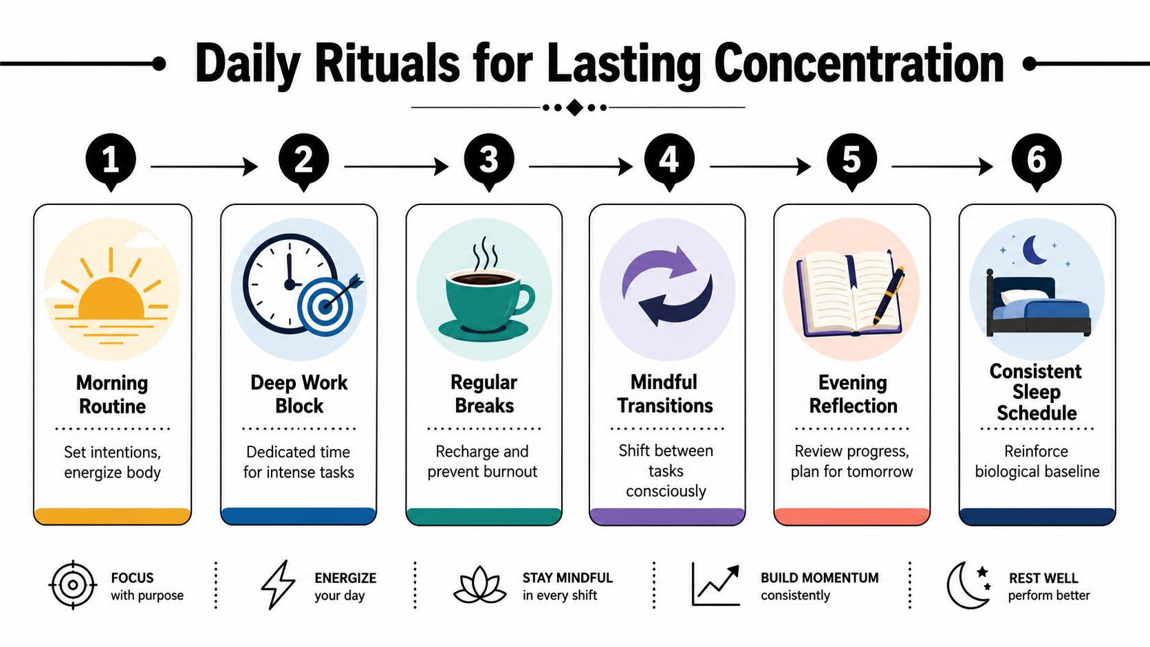 An infographic titled Daily Rituals for Lasting Concentration, illustrating six steps from morning routine to sleep schedule.