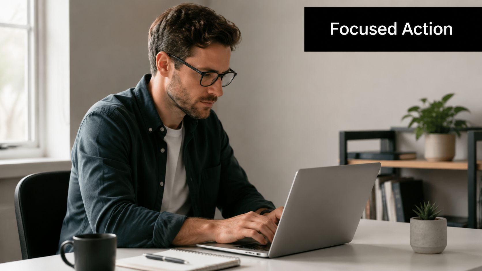 A focused man wearing glasses typing on his laptop at a tidy desk in a home office.