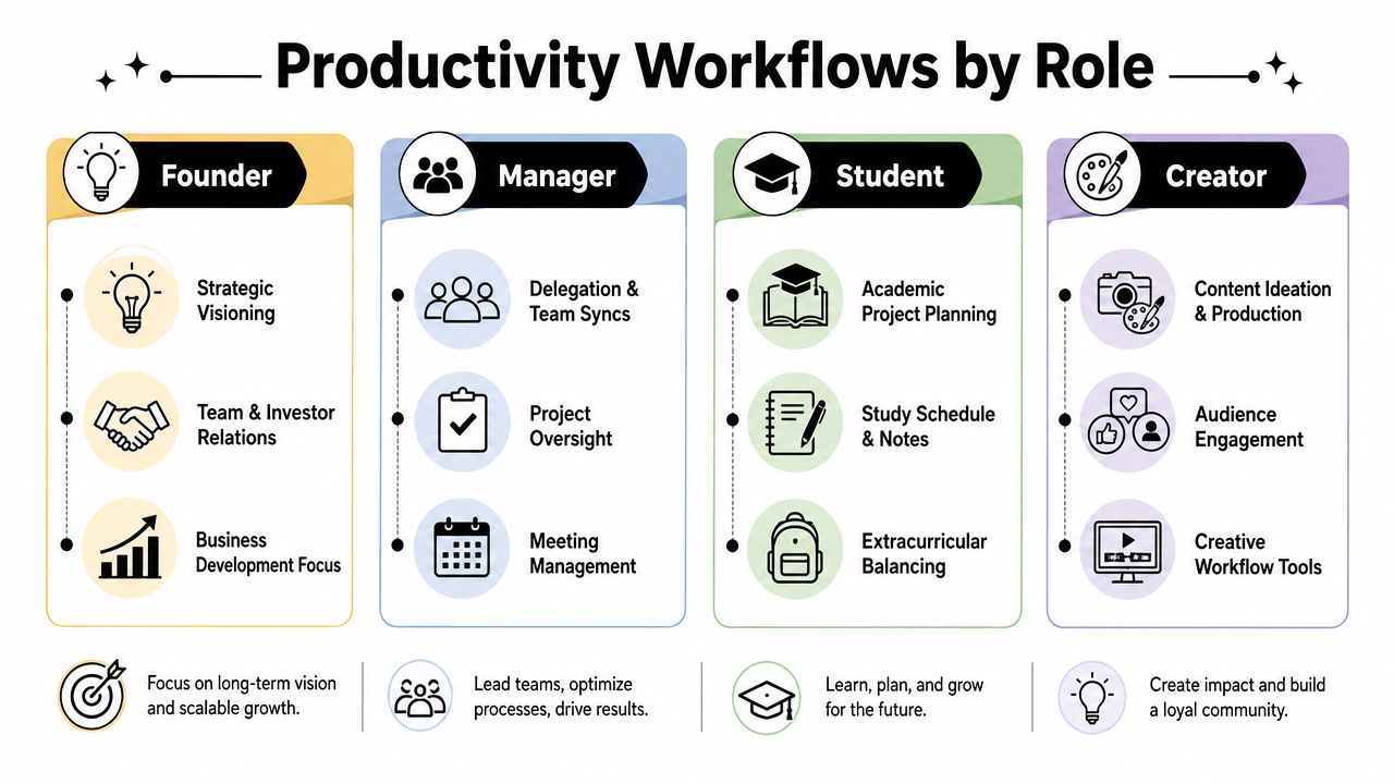 A diagram outlining productivity workflows for four distinct roles: founder, manager, student, and content creator.