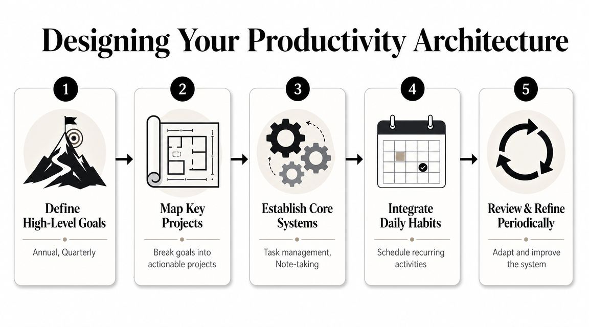 A five-step infographic titled Designing Your Productivity Architecture illustrating a process for professional goal achievement.