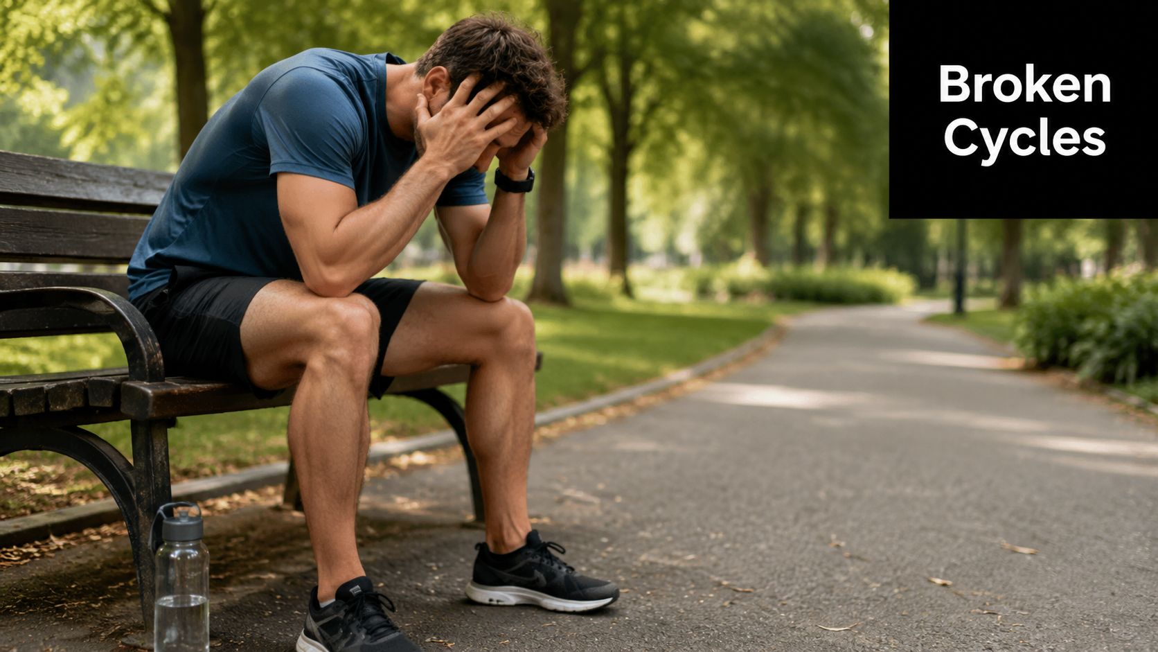 A tired man sitting on a park bench with his head in his hands after exercising.