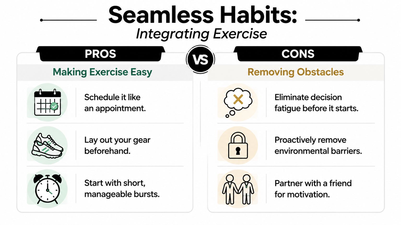 A comparison chart showing tips for building consistent exercise habits, including scheduling, preparation, and overcoming obstacles.