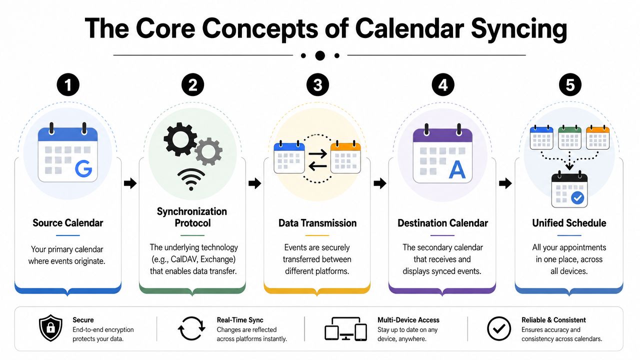 An infographic illustrating the five core concepts of calendar syncing from source to unified schedule.