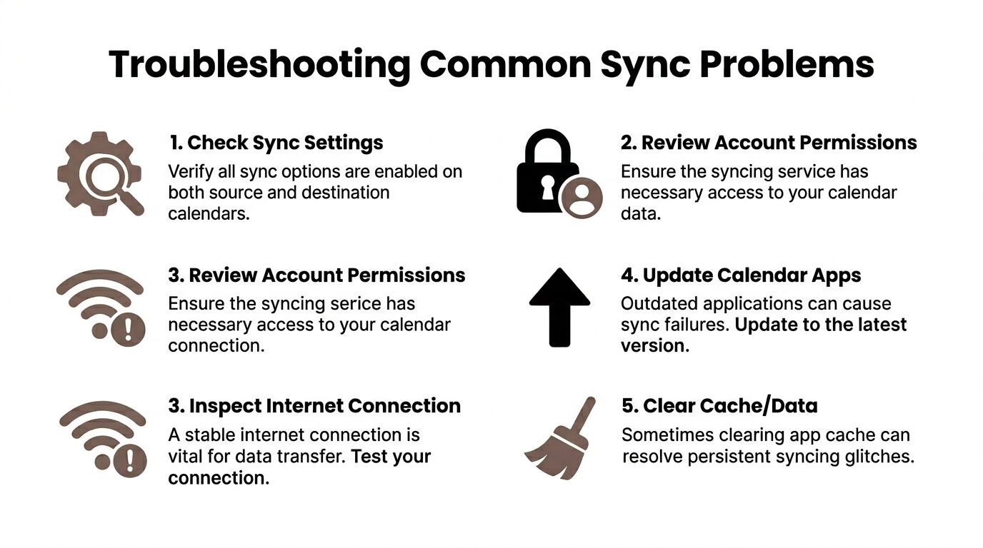 A guide listing five troubleshooting steps to resolve common calendar synchronization problems on digital devices.