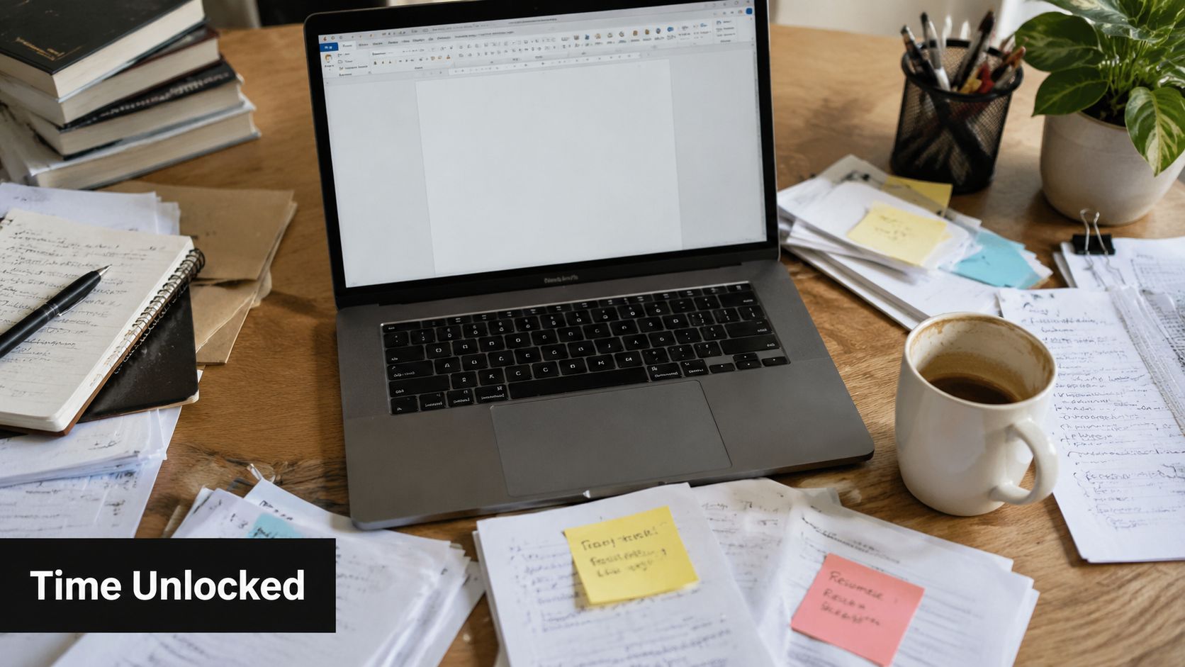 A wooden office desk with a laptop, notebooks, scattered papers, a coffee mug, and a potted plant.
